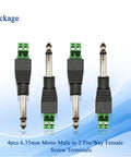 Built Tough Pro Grade One Quarter Inch Ts Mono Male To Two Pin Female Screw Terminal Block Adapter For Speaker Cable And Amplifier Microphone 6.35Mm Nickel Plated Zinc Alloy Plug And Go Kit, four pieces shown.