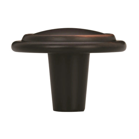 Traditional Round Cabinet Knob In Oil Rubbed Bronze Finish With Subtle Copper Highlights, 1 1/4 inch size, ideal for drawers.