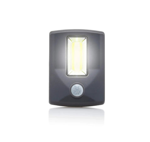 Motion Activated LED Light With Easy Install And Water Resistant Build, Black Finish, Weatherproof Sensor Lighting For Hallways, Stairways, Garage Or Indoor And Outdoor Use. Front view with sensor and LED panel