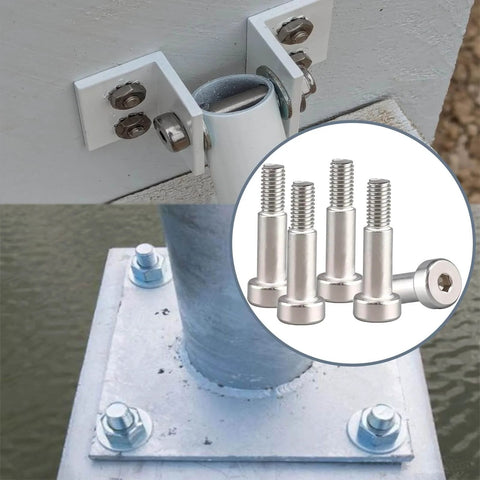 Five Pack Stainless Steel Hex Socket Shoulder Bolts 8mm Shoulder Diameter M6 Thread 40mm Long Built Tough Rust Resistant With Smooth Finish Durable Machine Screws For Automotive And Industrial Use shown installed and as a set