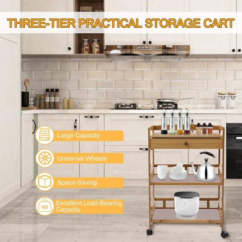 Heavy Duty Carbonized Bamboo Rolling Cart With Whisper Quiet Caster Wheels Plus Roomy Storage Drawers Easy Glide Mobile Kitchen Sidekick for coffee and supplies in a stylish kitchen.