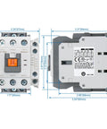 Three Pole Magnetic Contactor 60A 110V AC Coil With 2NO2NC Auxiliary Contacts DIN Rail Mount UL Listed detailed front and side view.