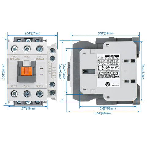 Three Pole Magnetic Contactor 60A 110V AC Coil With 2NO2NC Auxiliary Contacts DIN Rail Mount UL Listed detailed front and side view.