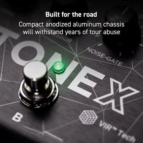 Close-up of TONEX Pedal Ultra Realistic Stereo Multi-Effects For Guitar And Bass with a textured aluminum chassis and LED light.