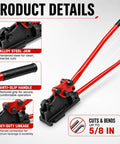Heavy Duty 2 In 1 Manual Rebar Bender And Cutter Tool Engineered For Precision Leverage Design To Slice And Shape Up To 5/8 Inch Steel Rods With Ease detailed view of alloy steel jaw and anti-slip handle.