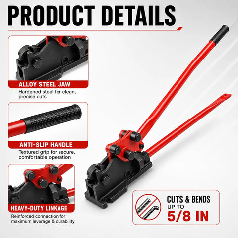 Heavy Duty 2 In 1 Manual Rebar Bender And Cutter Tool Engineered For Precision Leverage Design To Slice And Shape Up To 5/8 Inch Steel Rods With Ease detailed view of alloy steel jaw and anti-slip handle.