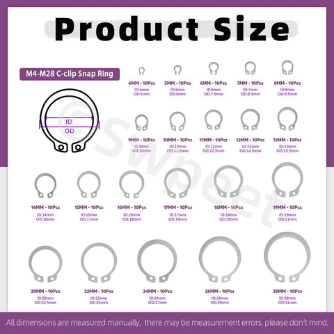 M4-M28 C-clip Snap Ring Size Chart from Shop Approved Stainless Steel External Circlip Assortment Kit, 21 sizes.