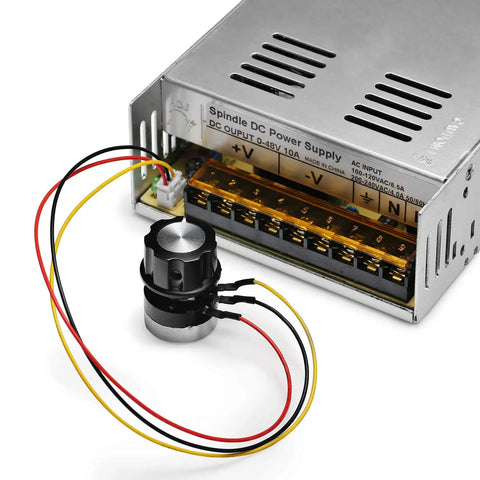 Air Cooled 300W Brush DC Spindle Motor with 0 to 48V Adjustable Switching Power Supply and wiring for CNC machining.