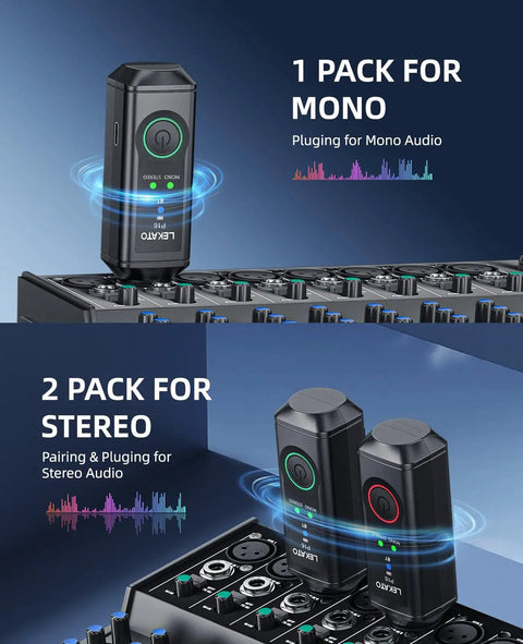 XLR Bluetooth Receiver For Mixers And PA Speakers, BT 5.3, shown in mono and stereo configurations on audio equipment