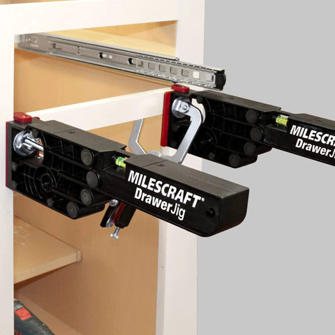 Drawer Installation Jig Reversible With Built In Level And Non Marring Rubber For Cabinet Protection with alignment fences.