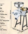 Electric Grain Mill Grinder 3000W 2 In 1 Wet And Dry Grinding with Funnel Feeder, stainless steel body on stand, product dimensions labeled.