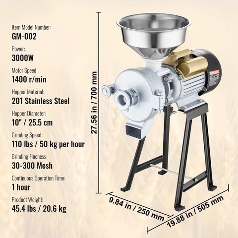 Electric Grain Mill Grinder 3000W 2 In 1 Wet And Dry Grinding with Funnel Feeder, stainless steel body on stand, product dimensions labeled.
