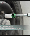 22mm Thin-Wall Wheel Protector Impact Socket For Lug Nuts installed on rim, non-marring deep socket, half-inch drive in use