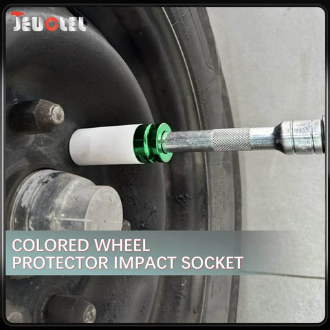 22mm Thin-Wall Wheel Protector Impact Socket For Lug Nuts installed on rim, non-marring deep socket, half-inch drive in use
