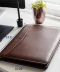 Career Game Changer Business Padfolio With Heavy Duty Zipper Closure Crafted From Smooth Pu Vegan Leather Featuring A Roomy 101 Inch Tablet Sleeve Built In Solar Calculator And Clever Desk Organizer For Bosses In Rich Brown on desk with dimensions shown.