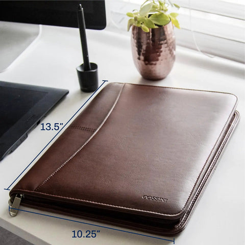 Career Game Changer Business Padfolio With Heavy Duty Zipper Closure Crafted From Smooth Pu Vegan Leather Featuring A Roomy 101 Inch Tablet Sleeve Built In Solar Calculator And Clever Desk Organizer For Bosses In Rich Brown on desk with dimensions shown.