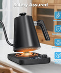Gooseneck Electric Kettle With Precise Temperature Control Pro Grade 1L 1200W Fast Heating on a countertop showing controls and safety features.