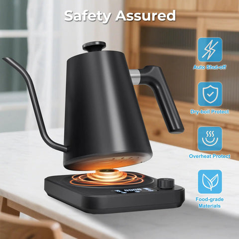 Gooseneck Electric Kettle With Precise Temperature Control Pro Grade 1L 1200W Fast Heating on a countertop showing controls and safety features.