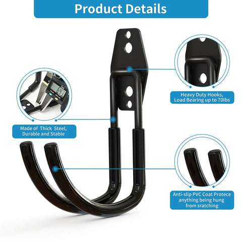 Heavy Duty Steel Wall Mount Hooks For Garage And Garden Tools, Large U Hooks With Anti Slip PVC Coating, Each Holds 40 Lbs Or More, 2 Pack