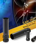Two Piece 6 And 7 Spline Lug Nut Socket Set With Wheel Lock Key For No Fuss Quick Installation And Removal Of Aftermarket Spline Drive Lug Nuts Includes 41/64 Inch For M12 Series And 3/4 Inch For M14 Series, shown with a car wheel in the background.