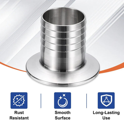 1.5 Inch Tri Clamp To Hose Barb Adapter, Wicked Strong Sus304 Stainless Steel Sanitary Fitting, close-up on smooth surface and rust-resistant design.