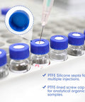 Premium Quality 100 Pack Blue 9 Mm Screw Thread HPLC Vial Caps Featuring Pre Slit PTFE Lined Septa in lab setting with syringe.
