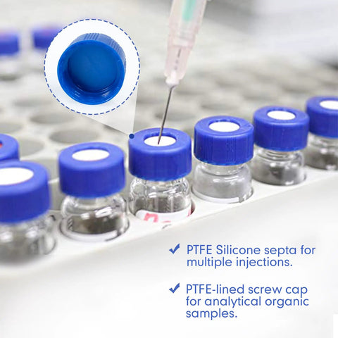 Premium Quality 100 Pack Blue 9 Mm Screw Thread HPLC Vial Caps Featuring Pre Slit PTFE Lined Septa in lab setting with syringe.