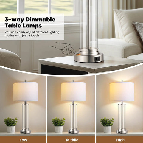 Touch Control Table Lamps Set Of 2 With USB A And USB C Ports, 3 Way Dimmable Bedside Lamps For Bedroom And Living Room, Modern Nightstand Lamps With Two LED Bulbs