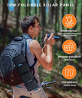 Person hiking with a backpack attached 10W Foldable Solar Charger With USB A Output For On-The-Go Power, IP67 Waterproof Folding Panel.