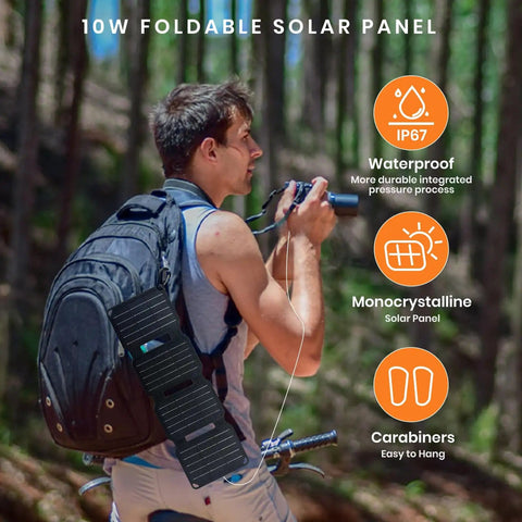 Person hiking with a backpack attached 10W Foldable Solar Charger With USB A Output For On-The-Go Power, IP67 Waterproof Folding Panel.