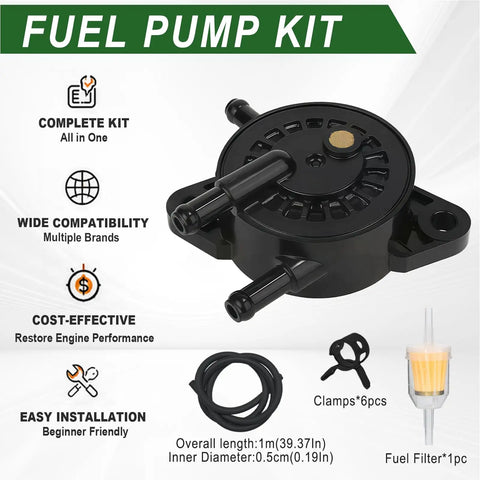 Built Tough Plug And Play Fuel Pump With Filter And Line For Briggs Stratton John Deere Kawasaki Yamaha Small Engine Mower Golf Cart showcases complete kit with pump, filter, and hose.
