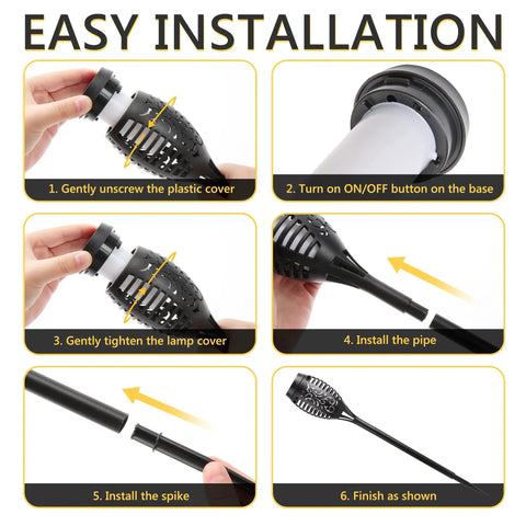 Step-by-step assembly of 12 Pack Solar Torch Lights With Flickering Flames For Outdoor Use, showing easy installation process.