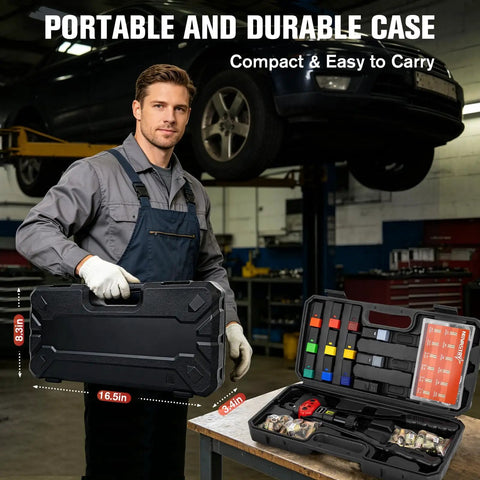Mechanic holding portable case of 16 Inch Rivet Nut Tool Kit with 12 SAE and Metric Mandrels, 190 Rivet Nuts on workbench