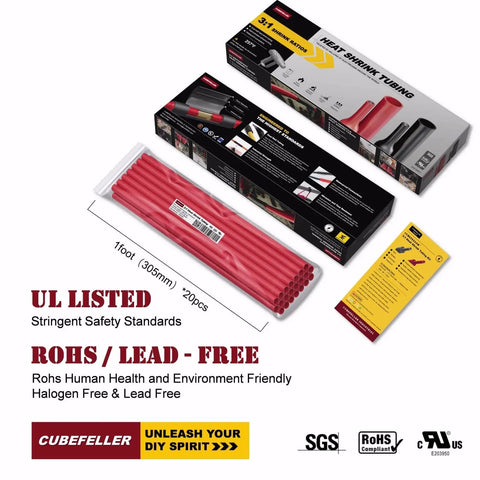 Red Heat Shrink Tubing 3 to 1 Ratio 9.5mm 20ft Dual Wall With Adhesive Liner packaging and 20 pcs, UL listed, ROHS lead-free.