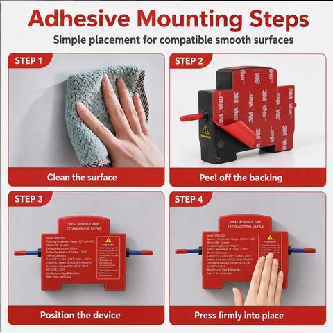 Adhesive mounting steps for 10 Pack Temp Triggered Fire Extinguishers Dual Din Rail Mount Heat Aerosol Auto Flame Suppressors.