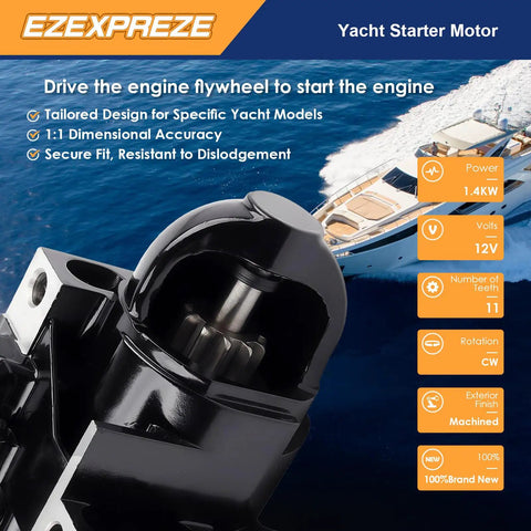 Mercruiser Volvo Penta Marine Starter Replacement for V6 V8 Engines, close-up showing 1.4KW power and 11 teeth against yacht.