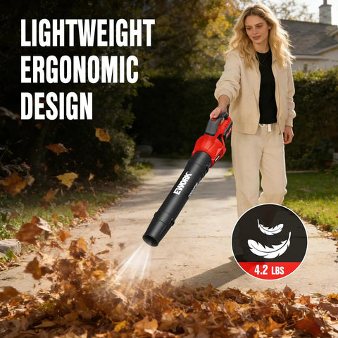 Person using Power Packed Cordless 20V Leaf Blower With 700 CFM And 200 MPH on a patio, lightweight ergonomic design highlighted.
