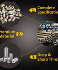 Cone Point Set Screws Kit, 48 Pcs M3 To M6 Hex Head Grub Screws In 304 Stainless Steel, close-up view highlighting features.