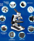 Compound Monocular Microscope Kit 40X-2000X With Slides Set And Phone Adapter showing features like focus knobs and light sources