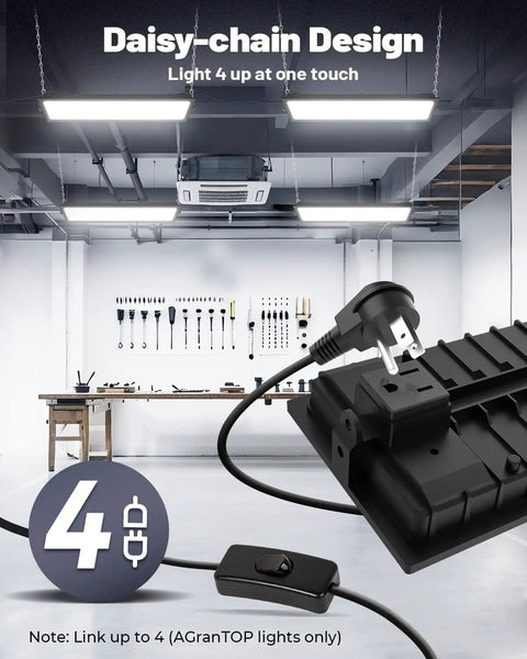 Two Pack Linkable LED Shop Lights 100W 15000LM 6000K Daylight Brightness Plug In Garage Light With 9.84ft Cord Built In Outlet in workspace