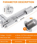 Side view of 12V DC linear actuator with 30-70mm stroke, 60N thrust and M8 threaded rod; 231mm length