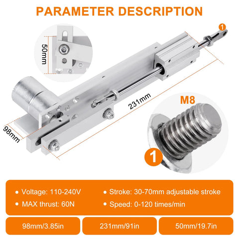 Side view of 12V DC linear actuator with 30-70mm stroke, 60N thrust and M8 threaded rod; 231mm length