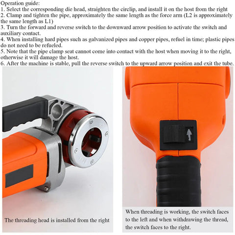 Heavy Duty Portable Electric Pipe Threader With Pure Copper Motor And Quick Change Steel Dies For Knocking Threads Onto Galvanized Or Black Iron Pipe Sizes Half To Two Inches Includes Rugged Carry Pouch, showing die head and switch controls.