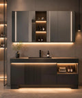Ultra Chic 72 Inch Freestanding Single Sink Bathroom Vanity With Glowing Led Mirror Cabinet And Hella Spacious Drawer Storage Plus Open Shelves Home Decor, modern dark gray finish with ambient lighting.