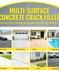 Hella Smooth Concrete Crack Filler Self Leveling Waterproof Sealant For Driveways Patios And Garage Floors showcases various surfaces including driveway, garage floor, patio, and pool deck.