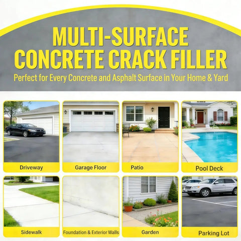 Image showcasing multi-surface concrete crack filler for driveway, garage, patio, sidewalk, and more.