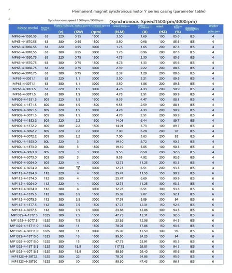 Specifications table for three phase permanent magnet synchronous motor, includes models, voltage, power, speed, and efficiency.