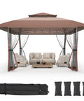 13x13 Pop Up Gazebo Outdoor Canopy Shelter With Four Sandbags No Fuss Quick Setup Sun Shade Canopy Double Tier Mesh Netting Waterproof UV Block Oxford Cloth Mosquito Guard For Lawn Garden Backyard And Deck Coffee, showing gazebo on patio