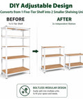 Heavy Duty 5 Tier Garage Shelving Unit With Adjustable Steel Frame And Reinforced MDF Boards before and after split into 2 units
