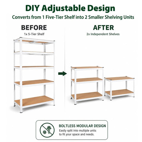 Rock Solid Five Tier Metal Garage Shelving Rack With Height Adjustable Boltless Steel Frame And Reinforced Mdf Shelves Built Tough Heavy Duty Storage Solution Up To 1929 Lbs Weight Limit In Crisp White before and after conversion image showing splitting into 2 smaller shelves.
